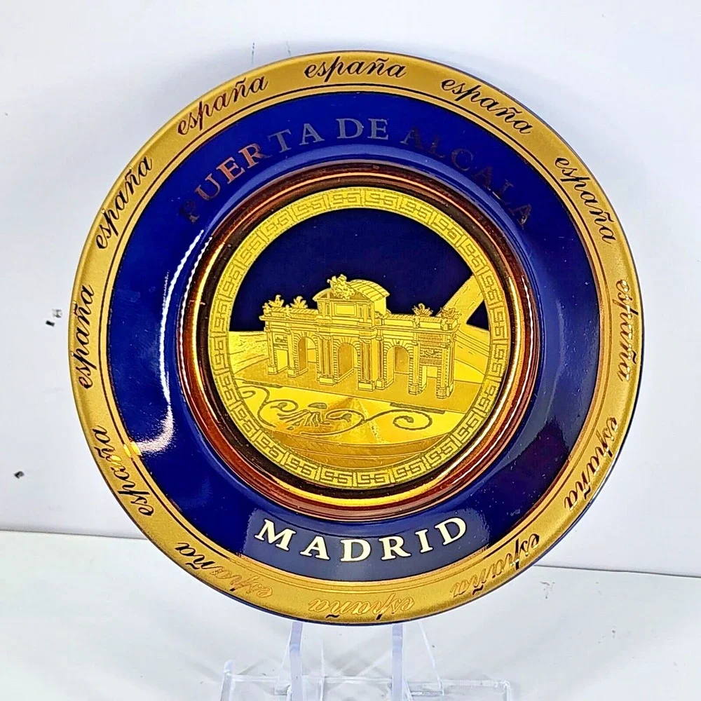 Puerta De Alaca Madrid Spain España 24k Gold Plated Cobalt Blue Souvenir Plate